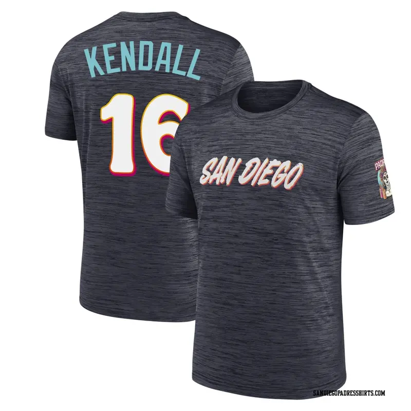 Men's San Diego Padres ＃16 Fred Kendall Obsidian 2026 City Connect Game Day Velocity Name & Number T-Shirt