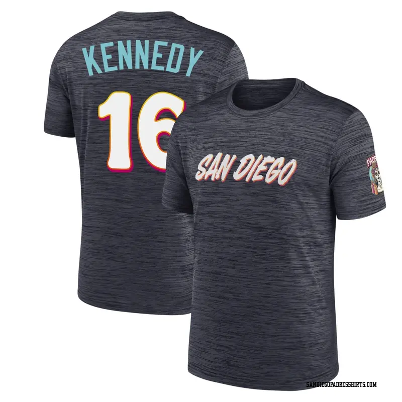 Men's San Diego Padres ＃16 Terry Kennedy Obsidian 2026 City Connect Game Day Velocity Name & Number T-Shirt