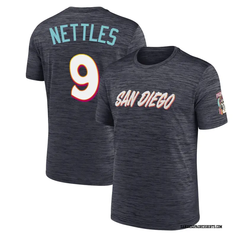 Men's San Diego Padres ＃9 Graig Nettles Obsidian 2026 City Connect Game Day Velocity Name & Number T-Shirt