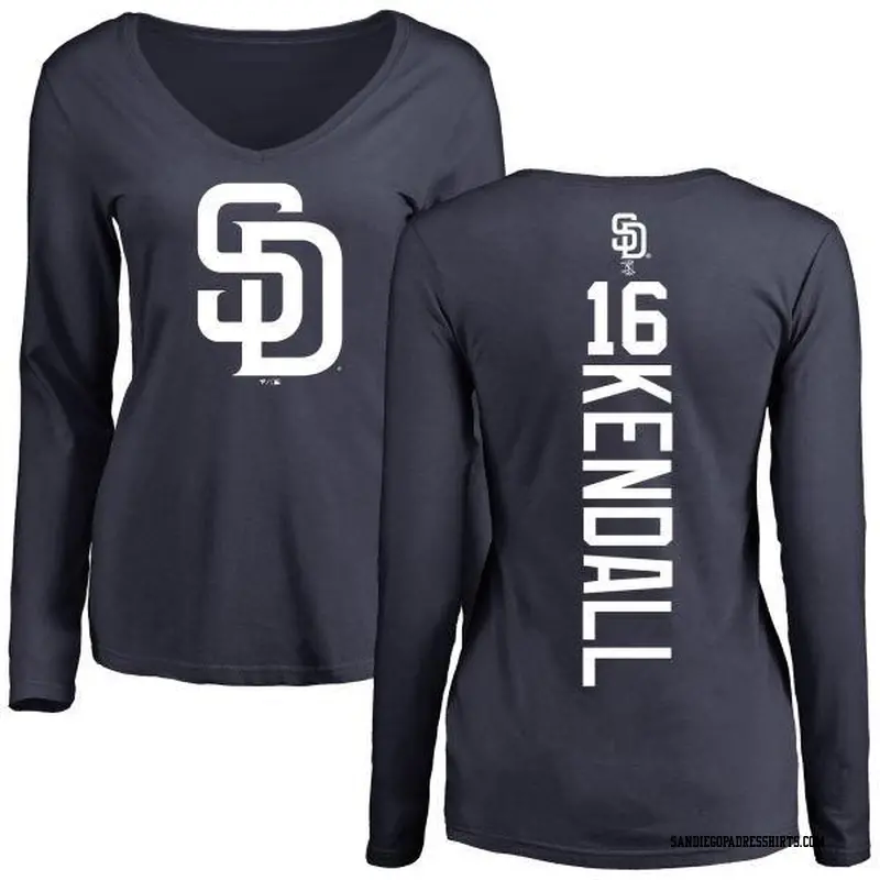 Women's San Diego Padres ＃16 Fred Kendall Navy Backer Slim Fit Long Sleeve T-Shirt