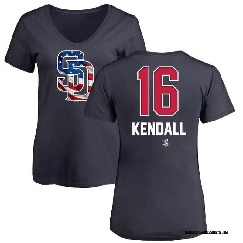 Women's San Diego Padres ＃16 Fred Kendall Navy Branded Name and Number Banner Wave V-Neck T-Shirt