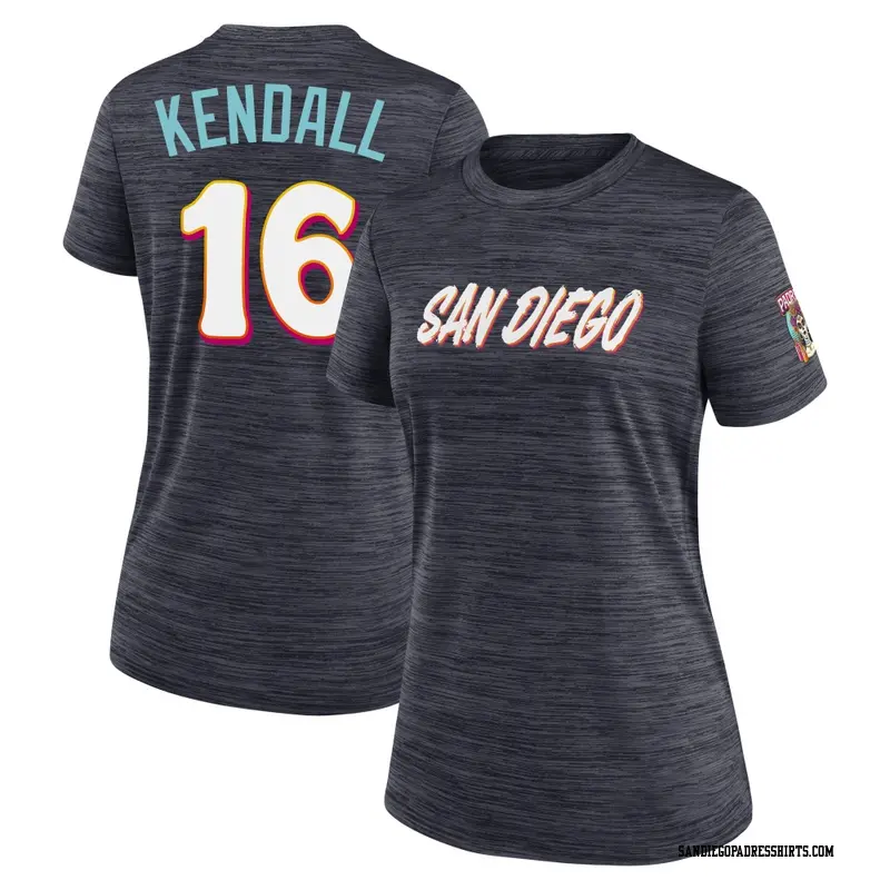 Women's San Diego Padres ＃16 Fred Kendall Obsidian 2026 City Connect Game Day Velocity Name & Number T-Shirt