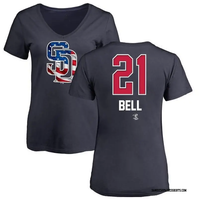 Women's San Diego Padres ＃21 Heath Bell Navy Branded Name and Number Banner Wave V-Neck T-Shirt