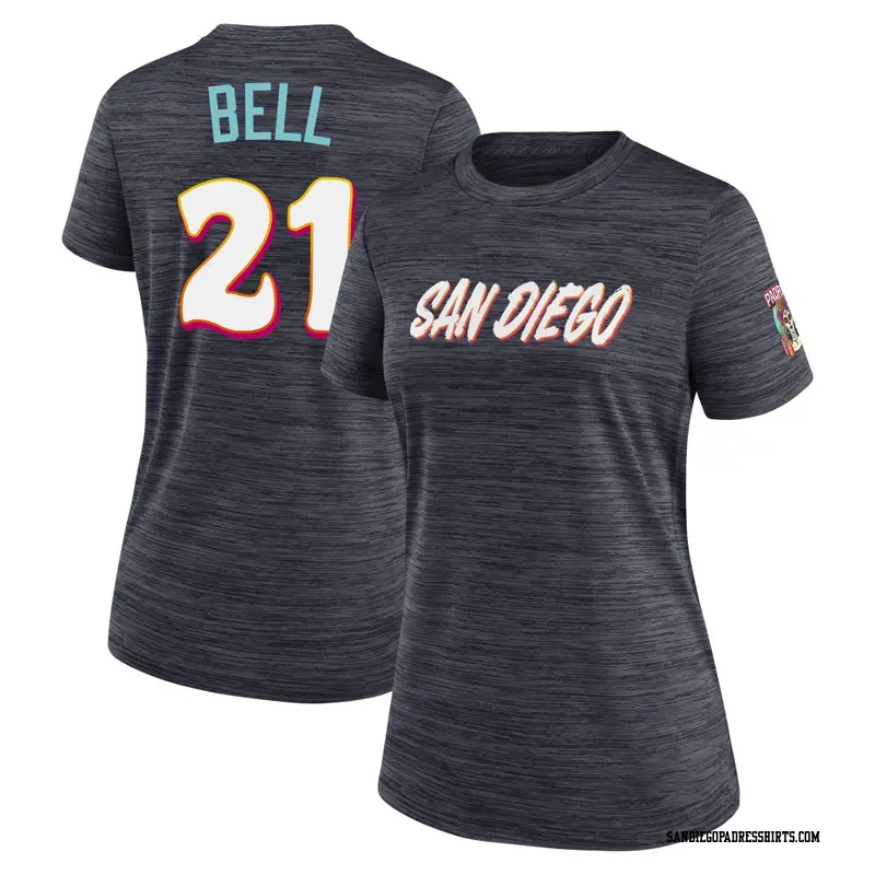 Women's San Diego Padres ＃21 Heath Bell Obsidian 2026 City Connect Game Day Velocity Name & Number T-Shirt