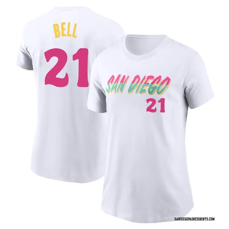 Women's San Diego Padres ＃21 Heath Bell White 2022 City Connect Name & Number T-Shirt