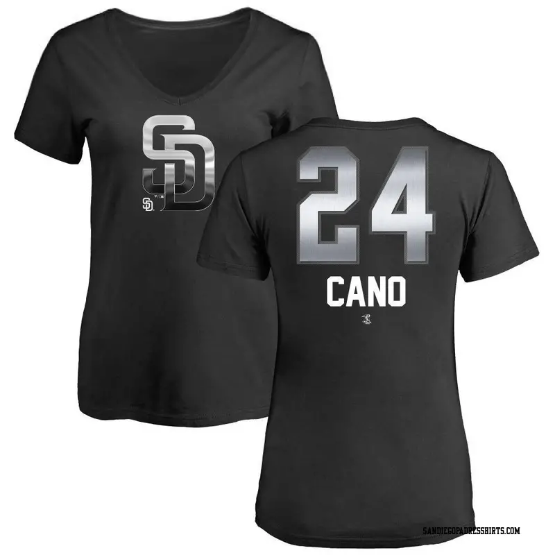 Women's San Diego Padres ＃24 Robinson Cano Black Midnight Mascot V-Neck T-Shirt