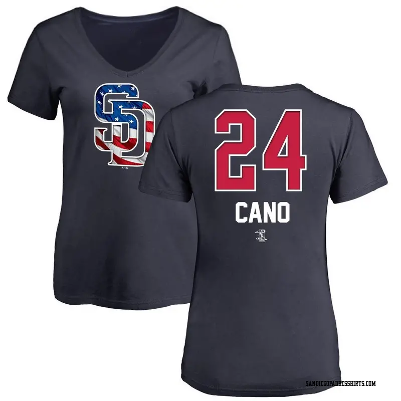 Women's San Diego Padres ＃24 Robinson Cano Navy Name and Number Banner Wave V-Neck T-Shirt