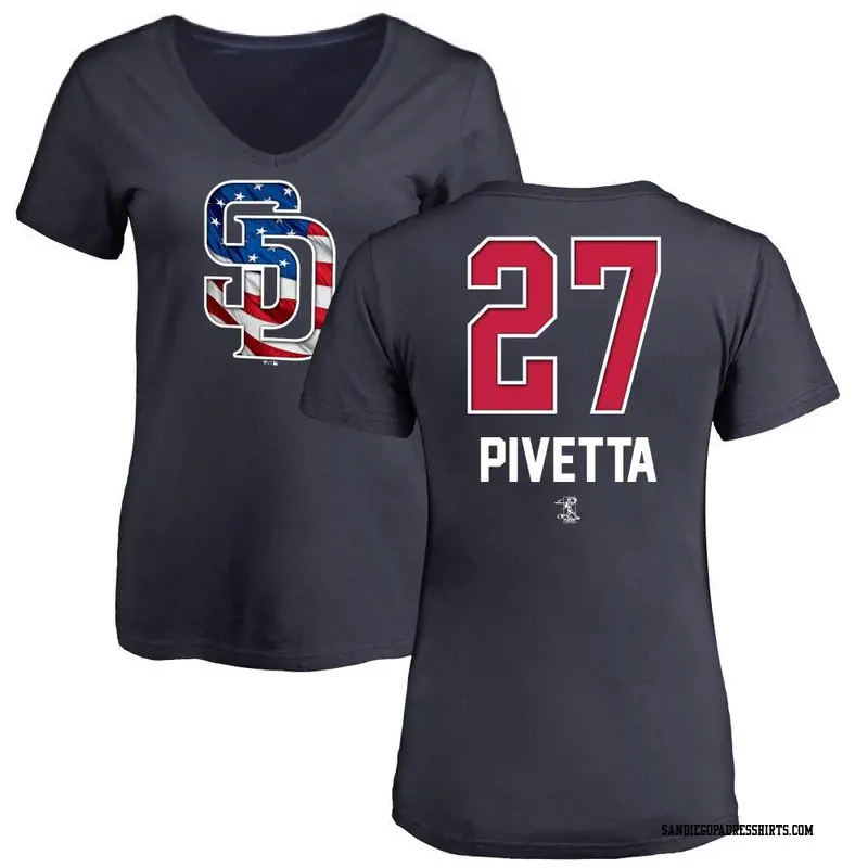 Women's San Diego Padres ＃27 Nick Pivetta Navy Name and Number Banner Wave V-Neck T-Shirt