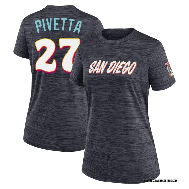 Women's San Diego Padres ＃27 Nick Pivetta Obsidian 2026 City Connect Game Day Velocity Name & Number T-Shirt