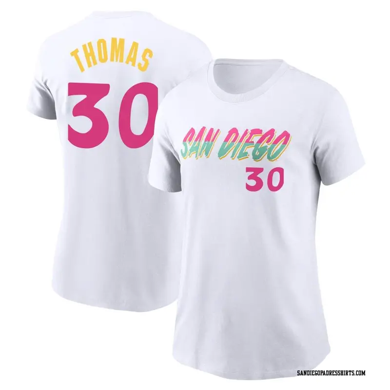 Women's San Diego Padres ＃30 Derrel Thomas White 2022 City Connect Name & Number T-Shirt