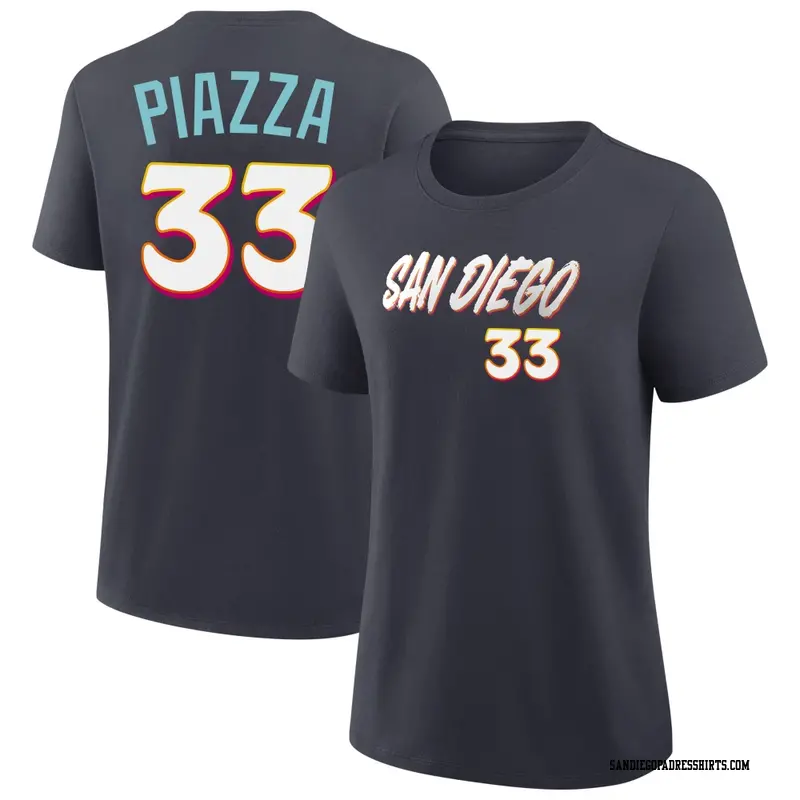Women's San Diego Padres ＃33 Mike Piazza Navy 2026 City Connect Name & Number T-Shirt