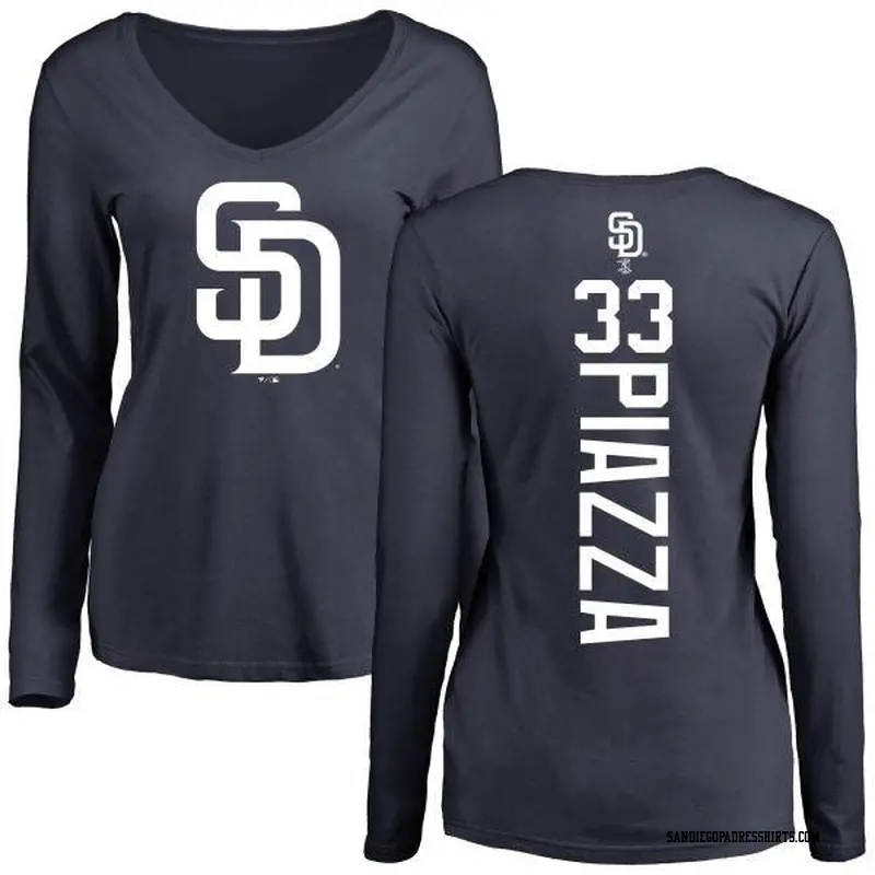 Women's San Diego Padres ＃33 Mike Piazza Navy Backer Slim Fit Long Sleeve T-Shirt