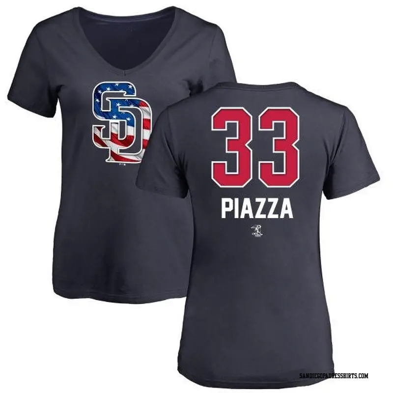 Women's San Diego Padres ＃33 Mike Piazza Navy Branded Name and Number Banner Wave V-Neck T-Shirt