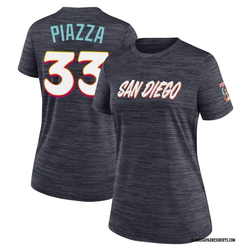 Women's San Diego Padres ＃33 Mike Piazza Obsidian 2026 City Connect Game Day Velocity Name & Number T-Shirt