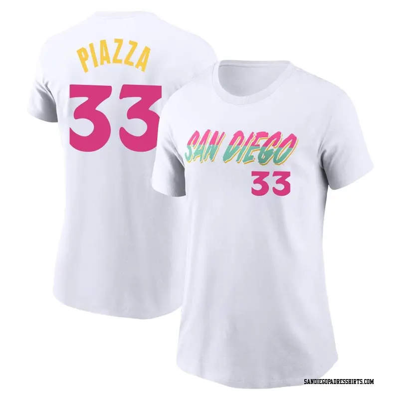 Women's San Diego Padres ＃33 Mike Piazza White 2022 City Connect Name & Number T-Shirt