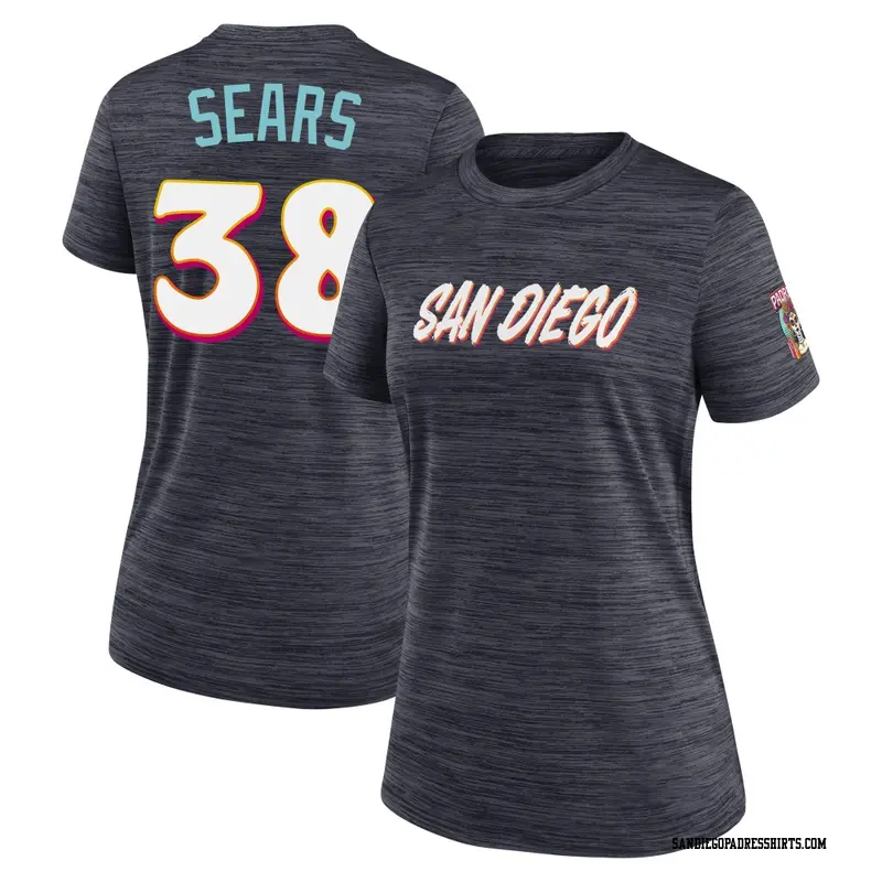 Women's San Diego Padres ＃38 JP Sears Obsidian 2026 City Connect Game Day Velocity Name & Number T-Shirt