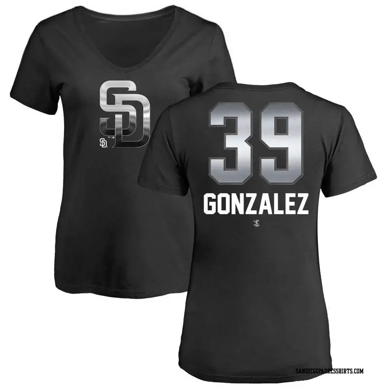 Women's San Diego Padres ＃39 Oscar Gonzalez Black Midnight Mascot V-Neck T-Shirt