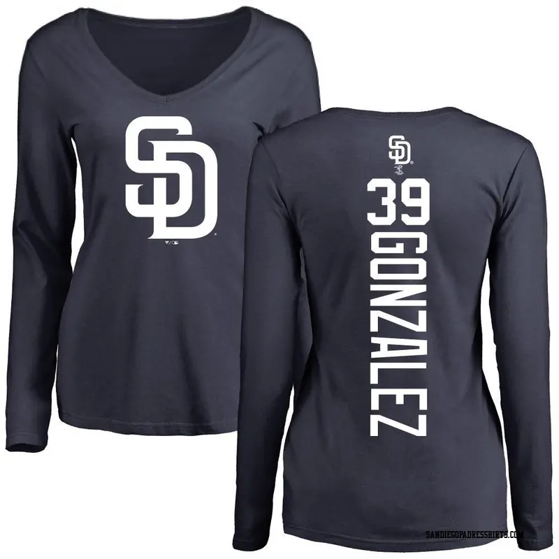 Women's San Diego Padres ＃39 Oscar Gonzalez Navy Backer Slim Fit Long Sleeve T-Shirt