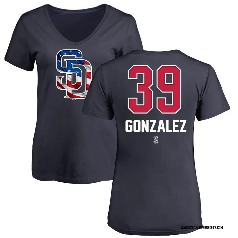 Women's San Diego Padres ＃39 Oscar Gonzalez Navy Name and Number Banner Wave V-Neck T-Shirt