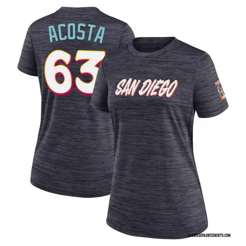 Women's San Diego Padres ＃63 Daison Acosta Obsidian 2026 City Connect Game Day Velocity Name & Number T-Shirt