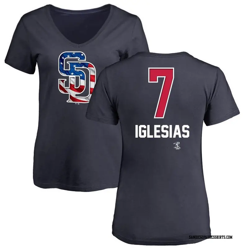Women's San Diego Padres ＃7 Jose Iglesias Navy Name and Number Banner Wave V-Neck T-Shirt