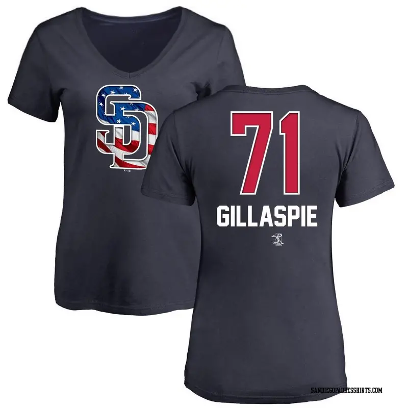 Women's San Diego Padres ＃71 Logan Gillaspie Navy Name and Number Banner Wave V-Neck T-Shirt