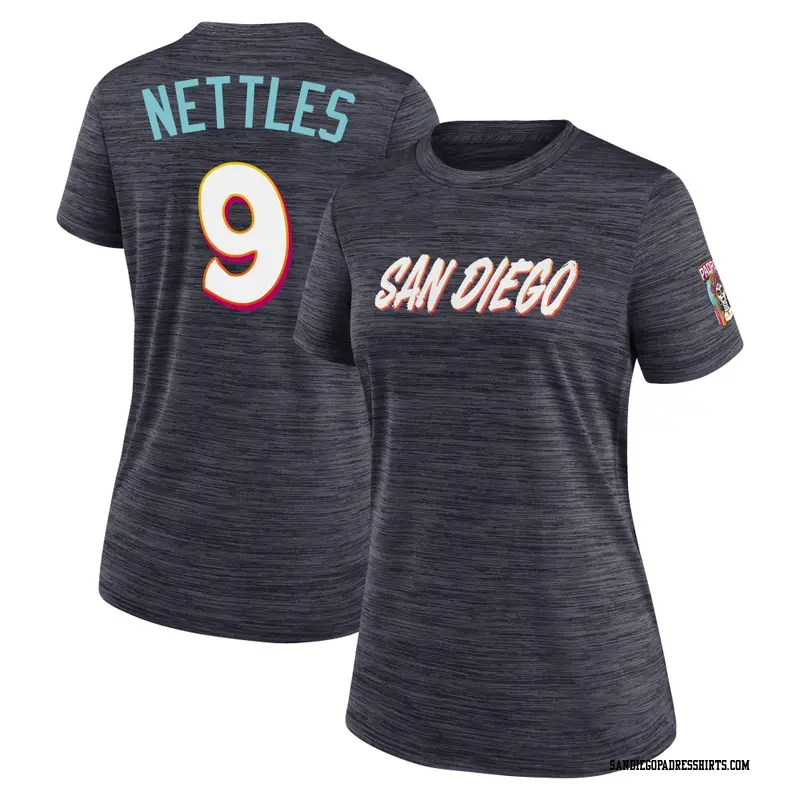 Women's San Diego Padres ＃9 Graig Nettles Obsidian 2026 City Connect Game Day Velocity Name & Number T-Shirt
